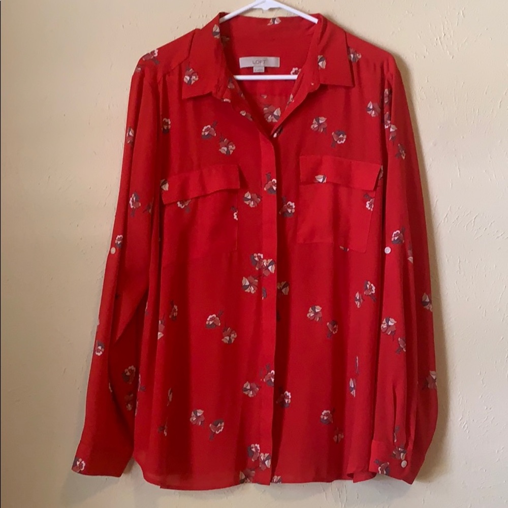 Bright floral red button down shirt.